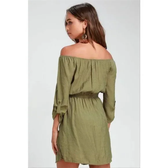 Lulus Etta Olive Green Button Front Off-the-Shoulder Dress good pre-owned condit - Picture 2 of 7